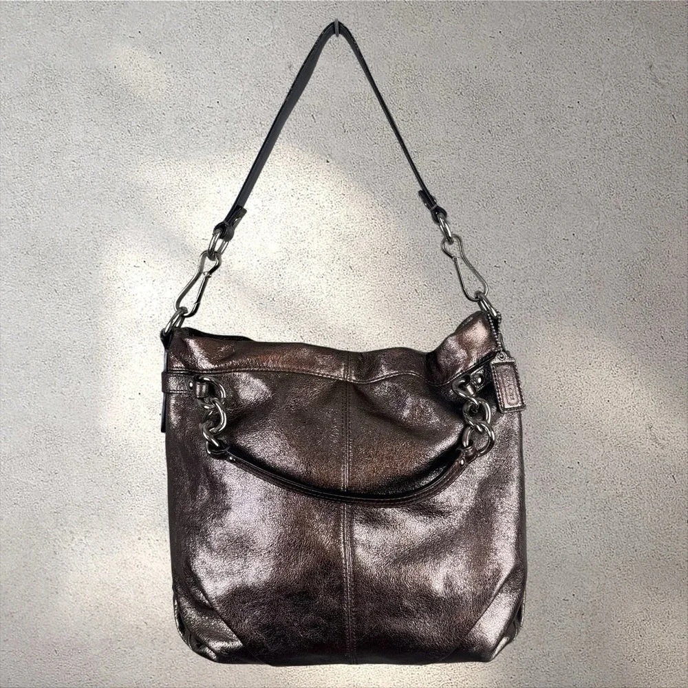 Coach Brooke Pewter Silver Metallic Leather Satchel Shoulder Bag Purse F17165